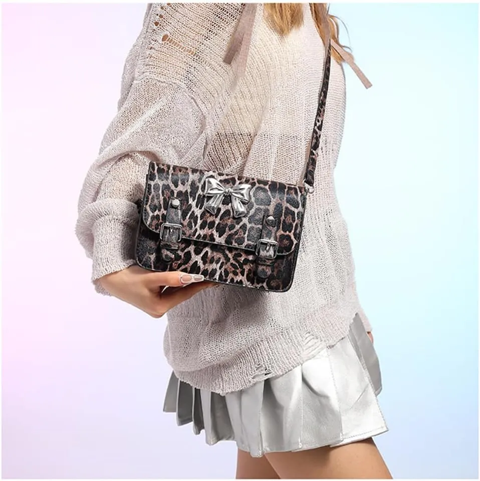 Leopard Print Bowknot Messenger Bag Vintage Cheetah Print Crossbody Square Bag Women Shoulder Satchel Evening Bag