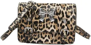 Leopard Print Bowknot Messenger Bag Vintage Cheetah Print Crossbody Square Bag Women Shoulder Satchel Evening Bag