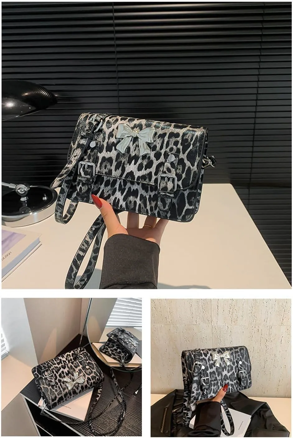 Leopard Print Bowknot Messenger Bag Vintage Cheetah Print Crossbody Square Bag Women Shoulder Satchel Evening Bag