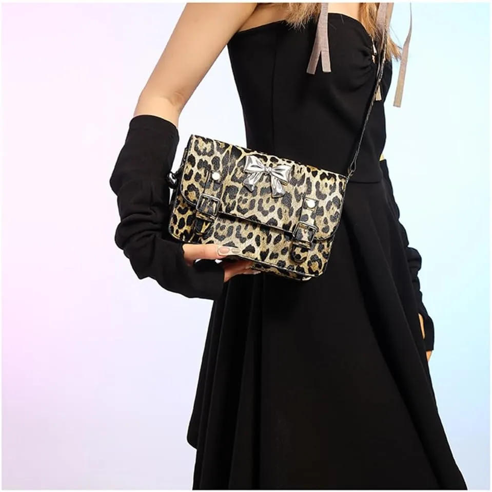 Leopard Print Bowknot Messenger Bag Vintage Cheetah Print Crossbody Square Bag Women Shoulder Satchel Evening Bag
