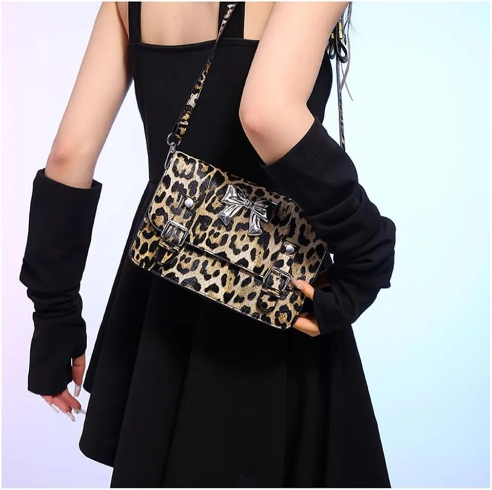 Leopard Print Bowknot Messenger Bag Vintage Cheetah Print Crossbody Square Bag Women Shoulder Satchel Evening Bag