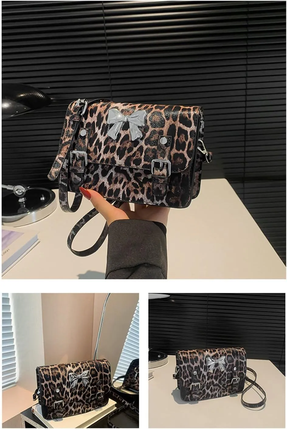 Leopard Print Bowknot Messenger Bag Vintage Cheetah Print Crossbody Square Bag Women Shoulder Satchel Evening Bag