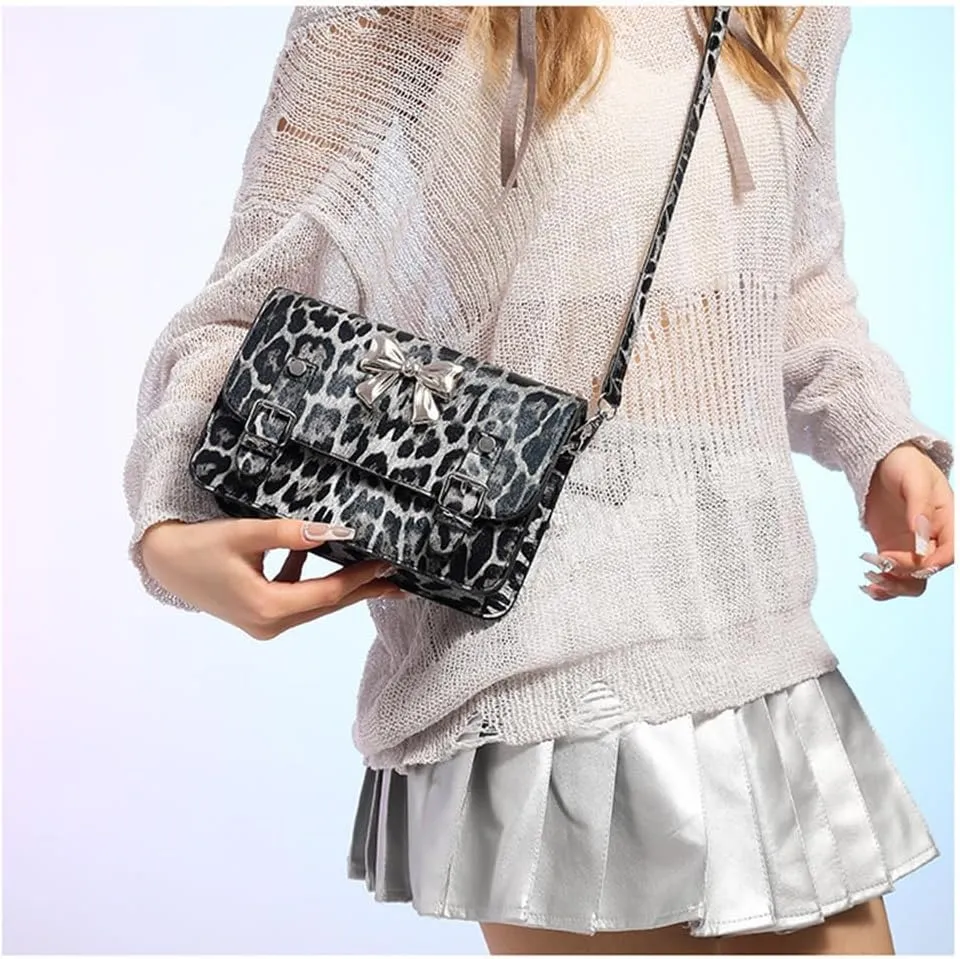 Leopard Print Bowknot Messenger Bag Vintage Cheetah Print Crossbody Square Bag Women Shoulder Satchel Evening Bag