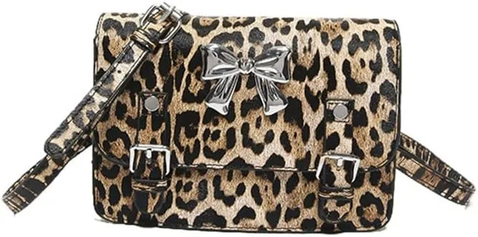Leopard Print Bowknot Messenger Bag Vintage Cheetah Print Crossbody Square Bag Women Shoulder Satchel Evening Bag