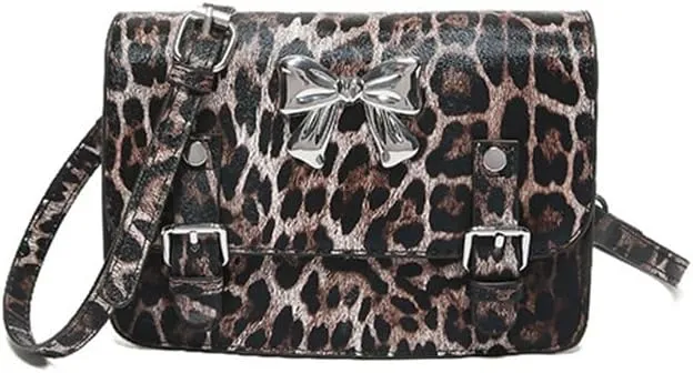 Leopard Print Bowknot Messenger Bag Vintage Cheetah Print Crossbody Square Bag Women Shoulder Satchel Evening Bag
