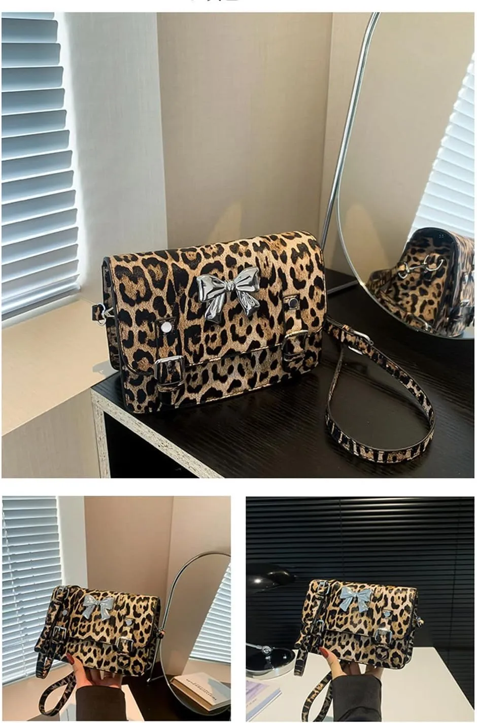 Leopard Print Bowknot Messenger Bag Vintage Cheetah Print Crossbody Square Bag Women Shoulder Satchel Evening Bag
