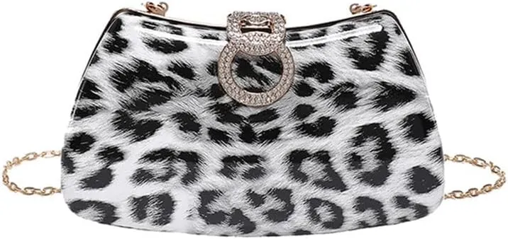 Leopard Print Crossbody Bag with Diamonds Lock Buckle Cheetah Print Satchel Shoulder Evening Bag Animal Print Purse