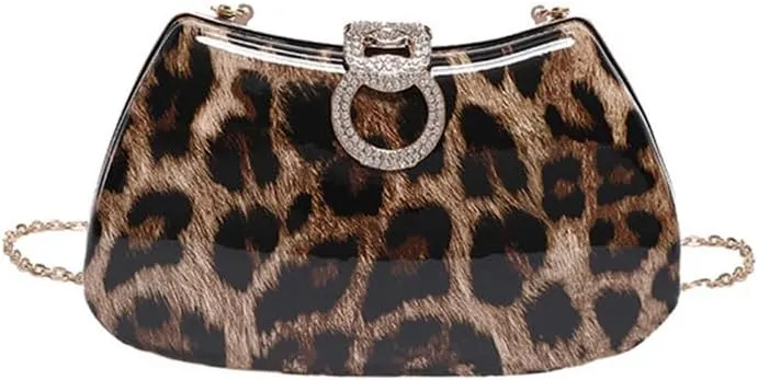 Leopard Print Crossbody Bag with Diamonds Lock Buckle Cheetah Print Satchel Shoulder Evening Bag Animal Print Purse