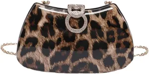Leopard Print Crossbody Bag with Diamonds Lock Buckle Cheetah Print Satchel Shoulder Evening Bag Animal Print Purse