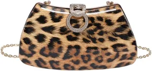 Leopard Print Crossbody Bag with Diamonds Lock Buckle Cheetah Print Satchel Shoulder Evening Bag Animal Print Purse
