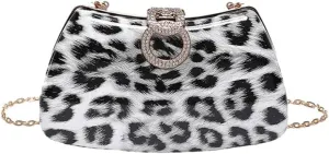 Leopard Print Crossbody Bag with Diamonds Lock Buckle Cheetah Print Satchel Shoulder Evening Bag Animal Print Purse