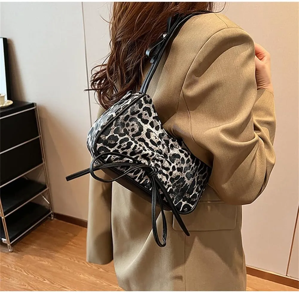 Leopard Print Satchel Hobo Bag for Women Cheetah Print Handbag and Purse Bowknot Leopard Shoulder Crescent Tote Bag