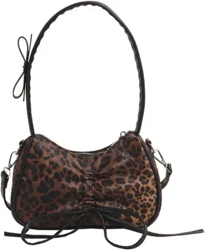 Leopard Print Satchel Hobo Bag for Women Cheetah Print Handbag and Purse Bowknot Leopard Shoulder Crescent Tote Bag