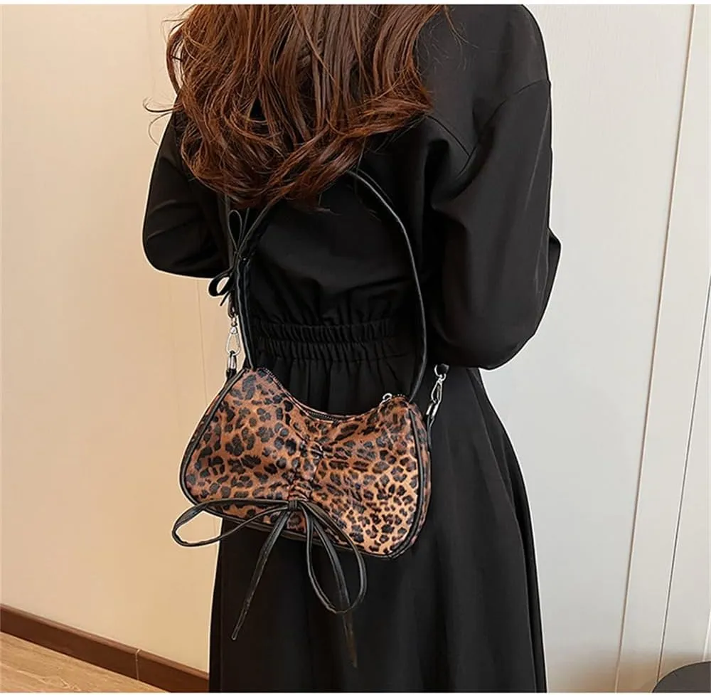 Leopard Print Satchel Hobo Bag for Women Cheetah Print Handbag and Purse Bowknot Leopard Shoulder Crescent Tote Bag