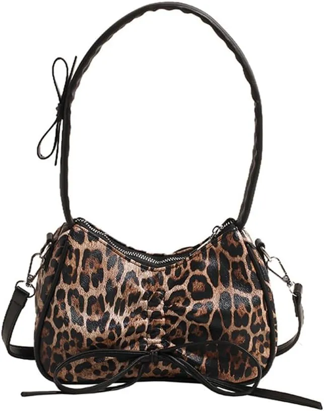 Leopard Print Satchel Hobo Bag for Women Cheetah Print Handbag and Purse Bowknot Leopard Shoulder Crescent Tote Bag