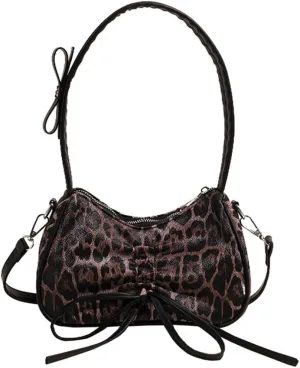 Leopard Print Satchel Hobo Bag for Women Cheetah Print Handbag and Purse Bowknot Leopard Shoulder Crescent Tote Bag