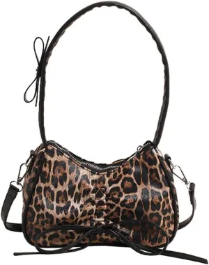 Leopard Print Satchel Hobo Bag for Women Cheetah Print Handbag and Purse Bowknot Leopard Shoulder Crescent Tote Bag