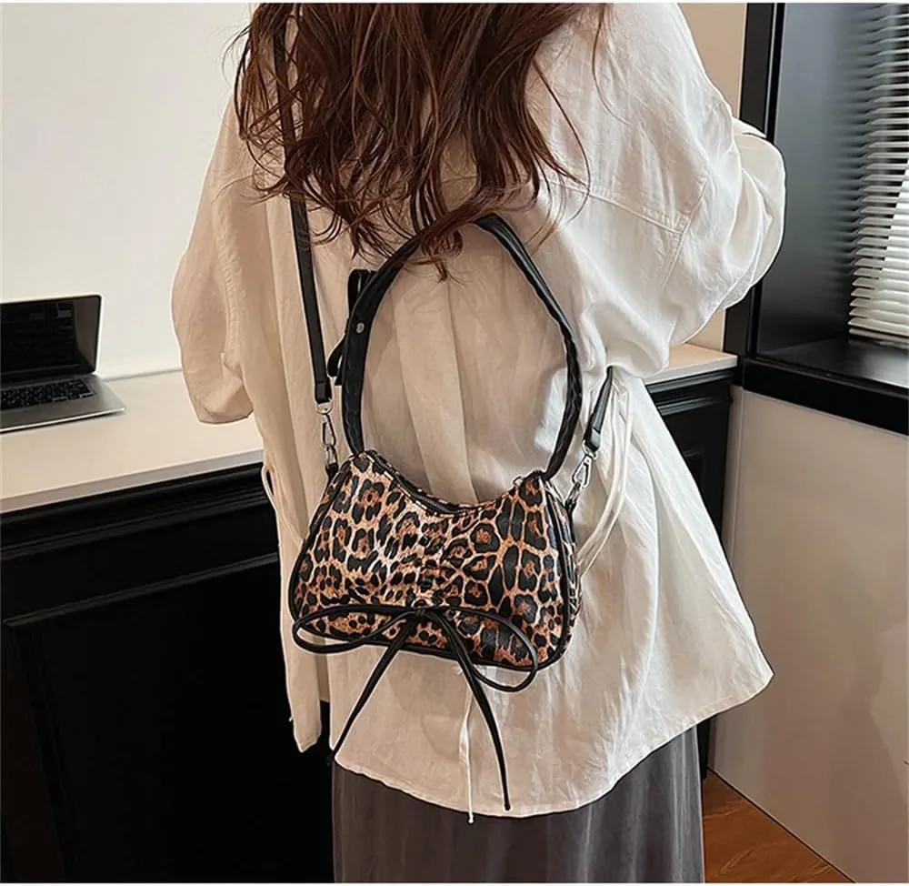 Leopard Print Satchel Hobo Bag for Women Cheetah Print Handbag and Purse Bowknot Leopard Shoulder Crescent Tote Bag