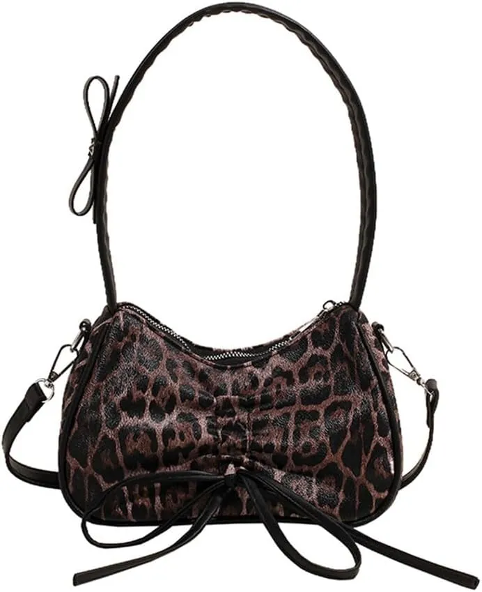 Leopard Print Satchel Hobo Bag for Women Cheetah Print Handbag and Purse Bowknot Leopard Shoulder Crescent Tote Bag