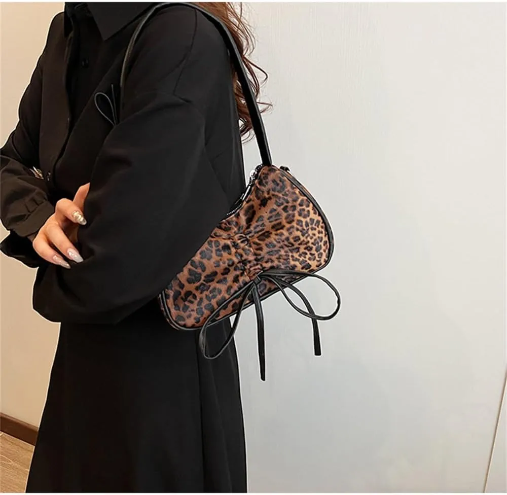 Leopard Print Satchel Hobo Bag for Women Cheetah Print Handbag and Purse Bowknot Leopard Shoulder Crescent Tote Bag