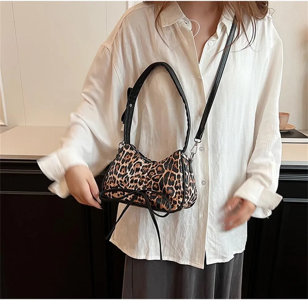 Leopard Print Satchel Hobo Bag for Women Cheetah Print Handbag and Purse Bowknot Leopard Shoulder Crescent Tote Bag