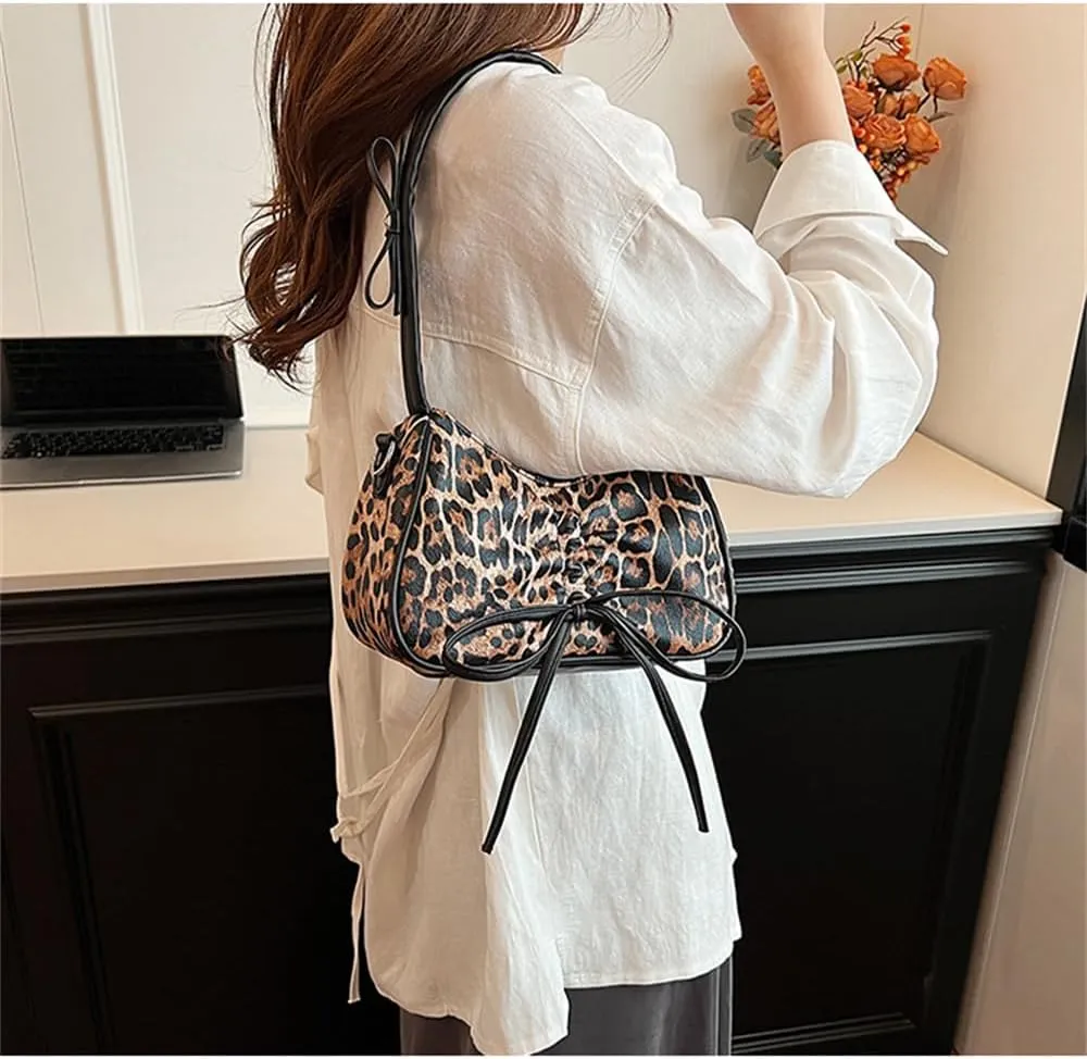 Leopard Print Satchel Hobo Bag for Women Cheetah Print Handbag and Purse Bowknot Leopard Shoulder Crescent Tote Bag