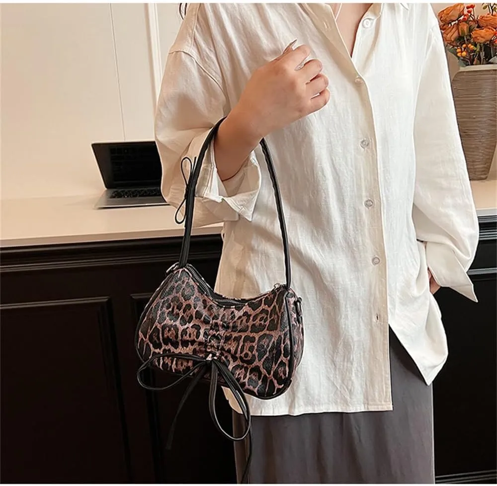 Leopard Print Satchel Hobo Bag for Women Cheetah Print Handbag and Purse Bowknot Leopard Shoulder Crescent Tote Bag