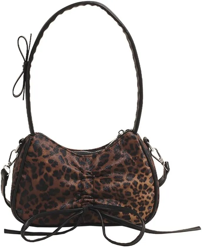 Leopard Print Satchel Hobo Bag for Women Cheetah Print Handbag and Purse Bowknot Leopard Shoulder Crescent Tote Bag