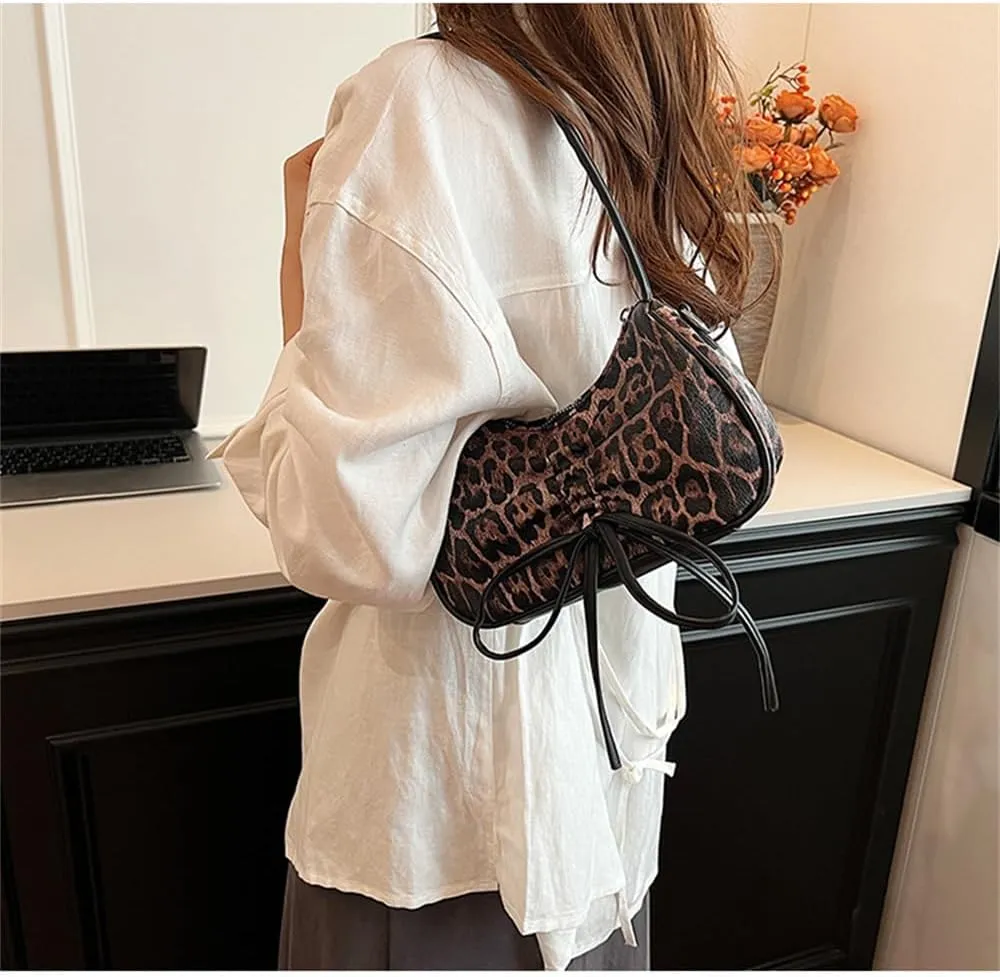Leopard Print Satchel Hobo Bag for Women Cheetah Print Handbag and Purse Bowknot Leopard Shoulder Crescent Tote Bag