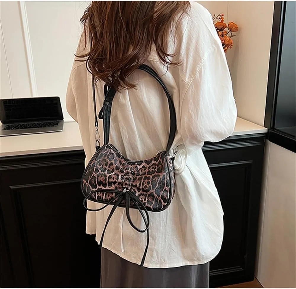 Leopard Print Satchel Hobo Bag for Women Cheetah Print Handbag and Purse Bowknot Leopard Shoulder Crescent Tote Bag