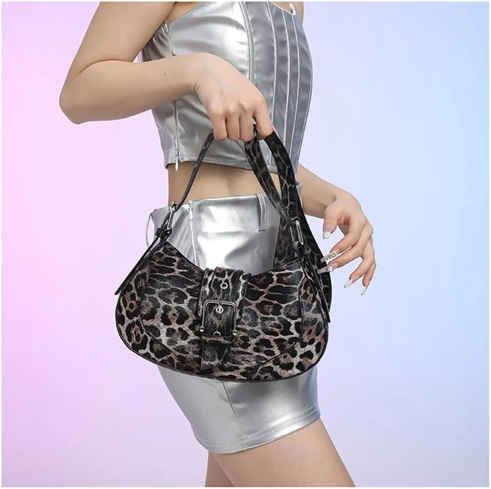 Leopard Print Shoulder Crescent Bag Y2k Vintage Cheetah Print Hobo Crossbody Bag Leopard Satchel Crescent Purse