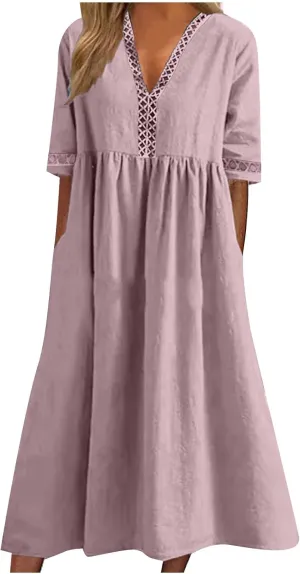 Linen Dress for Women Lace Trim V Neck Short Sleeve T Shirt Dresses Plus Size Pleated Loose Fit Tunic Midi Dress