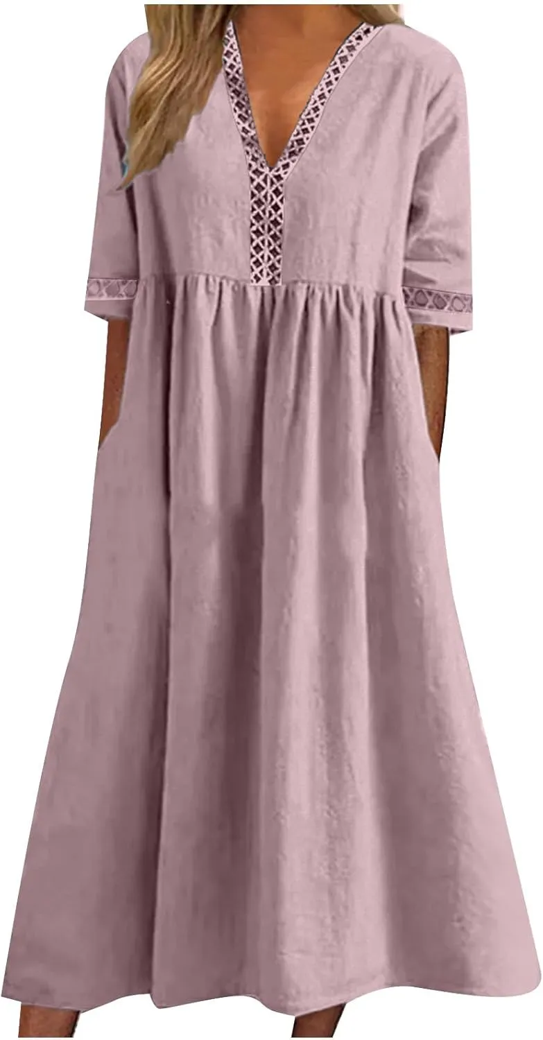 Linen Dress for Women Lace Trim V Neck Short Sleeve T Shirt Dresses Plus Size Pleated Loose Fit Tunic Midi Dress