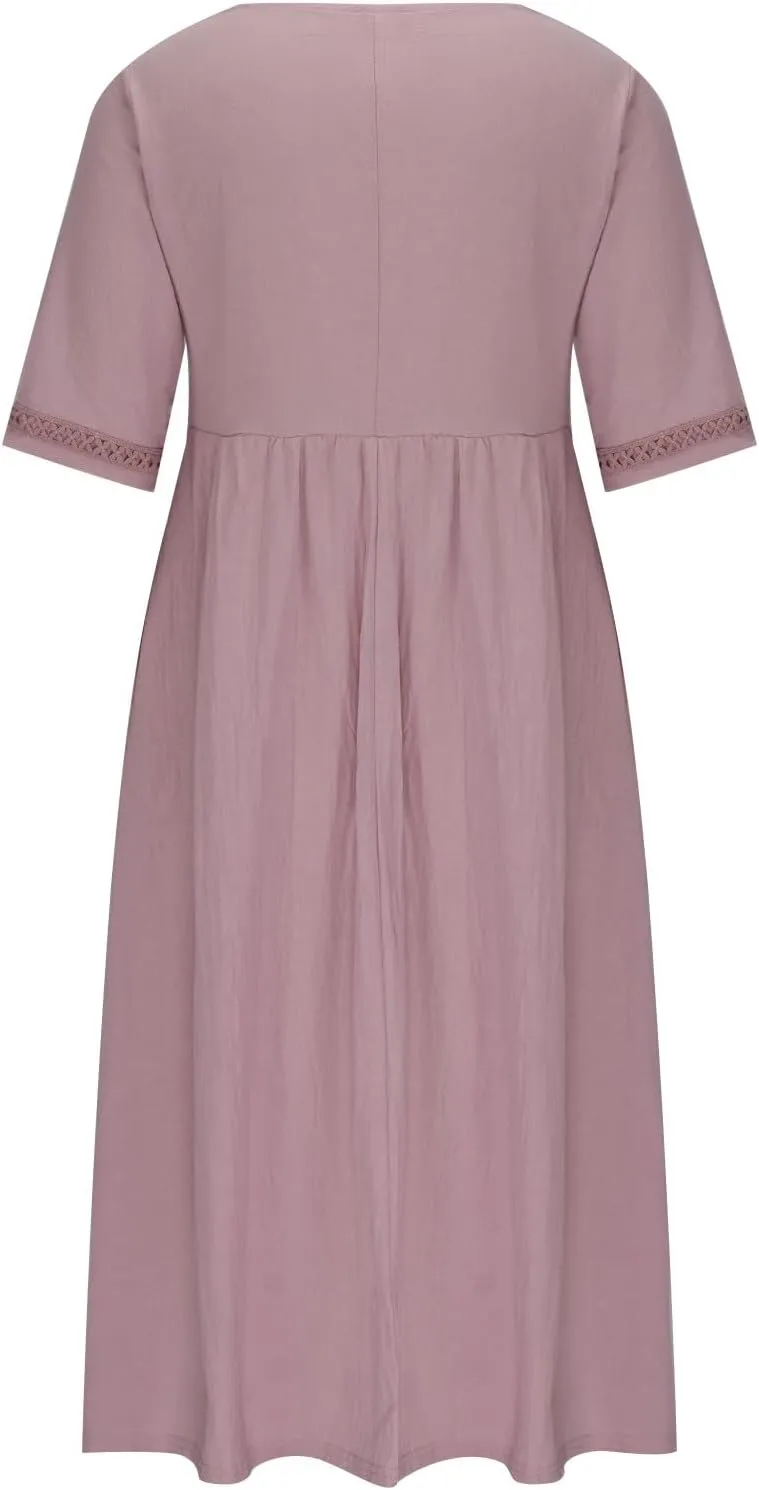 Linen Dress for Women Lace Trim V Neck Short Sleeve T Shirt Dresses Plus Size Pleated Loose Fit Tunic Midi Dress
