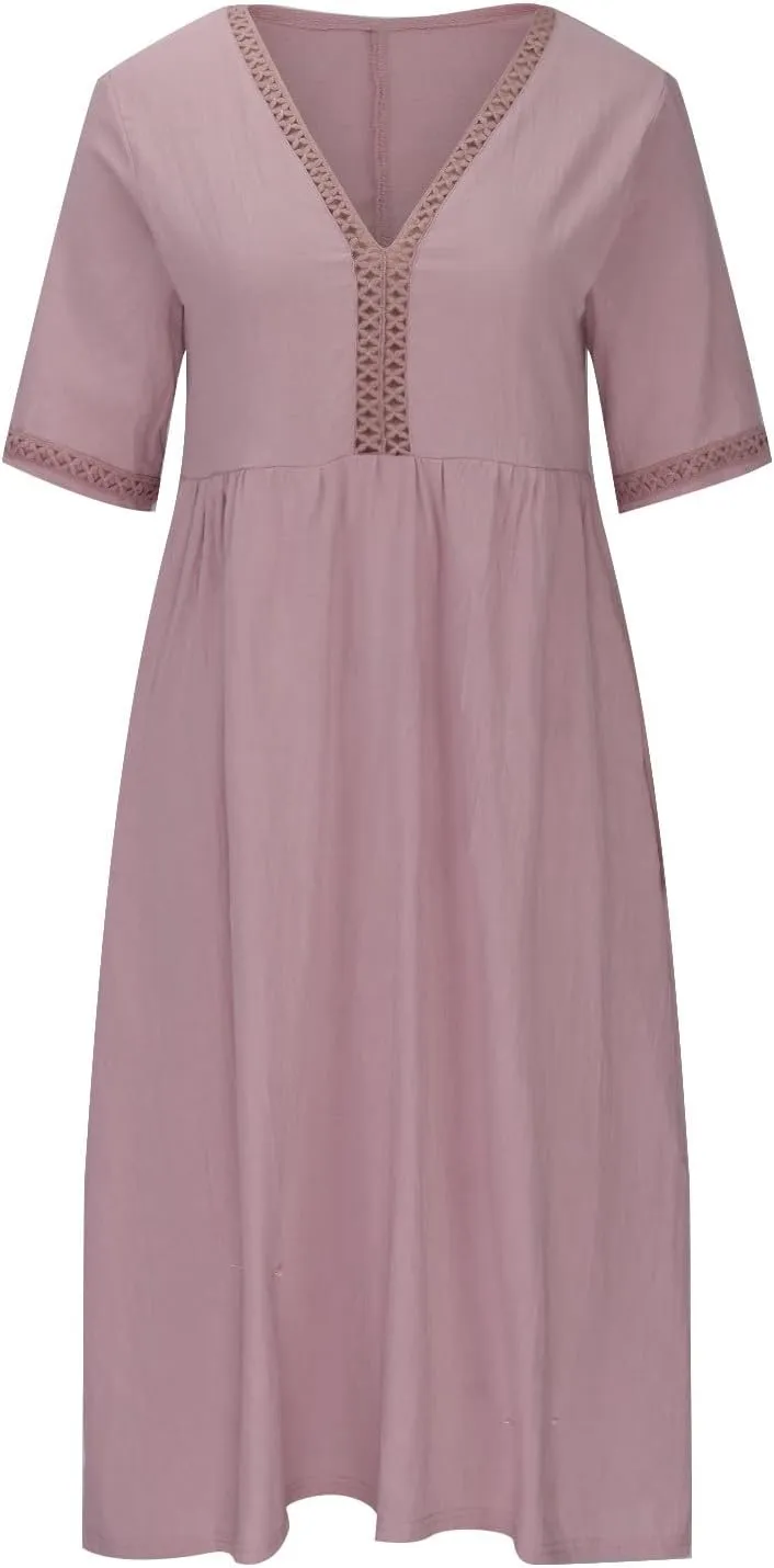 Linen Dress for Women Lace Trim V Neck Short Sleeve T Shirt Dresses Plus Size Pleated Loose Fit Tunic Midi Dress