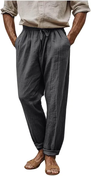Linen Pants Men Drawstring Lightweight Beach Summer Yoga Pants Elastic Waist Slim Relaxed Fit Trousers with Pockets
