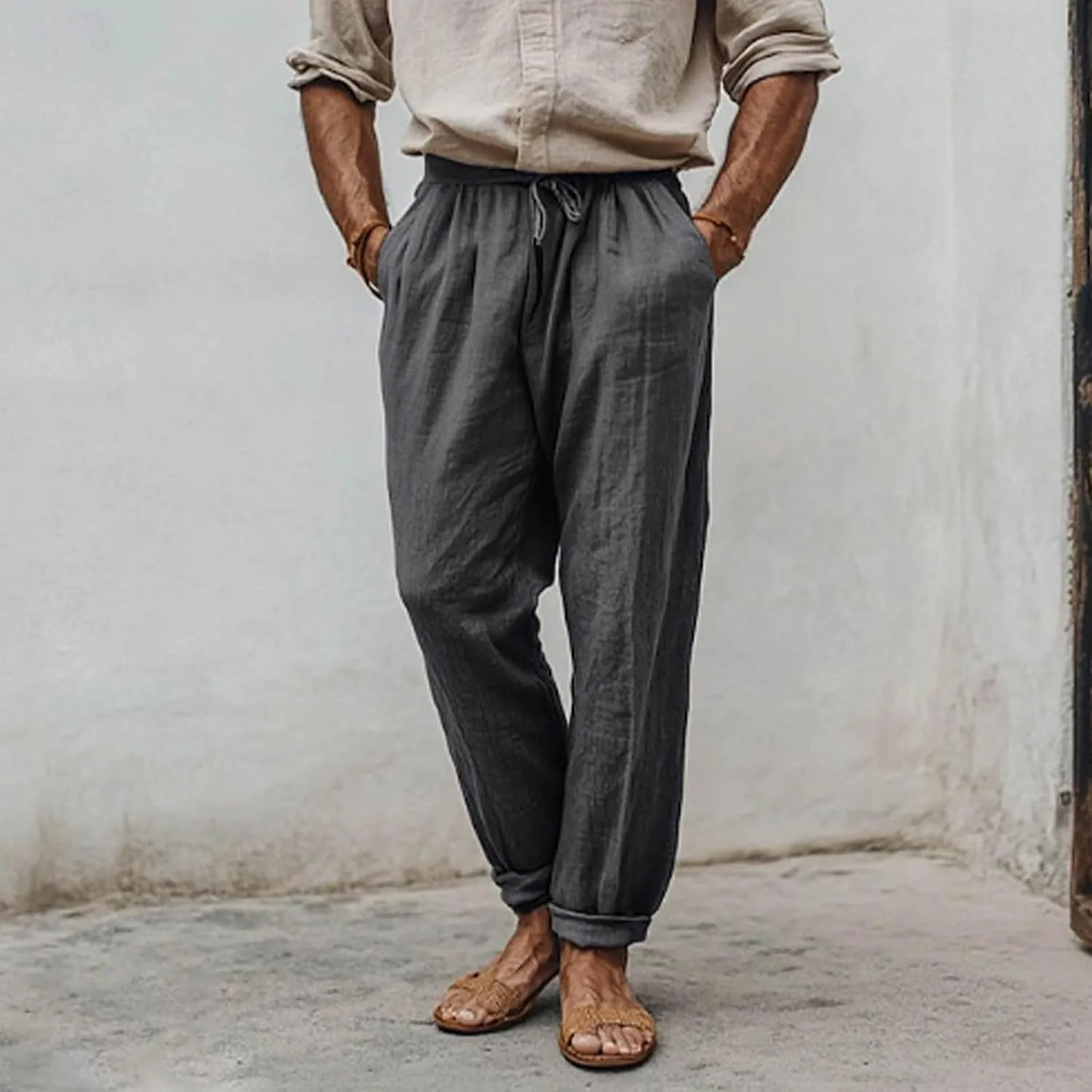 Linen Pants Men Drawstring Lightweight Beach Summer Yoga Pants Elastic Waist Slim Relaxed Fit Trousers with Pockets