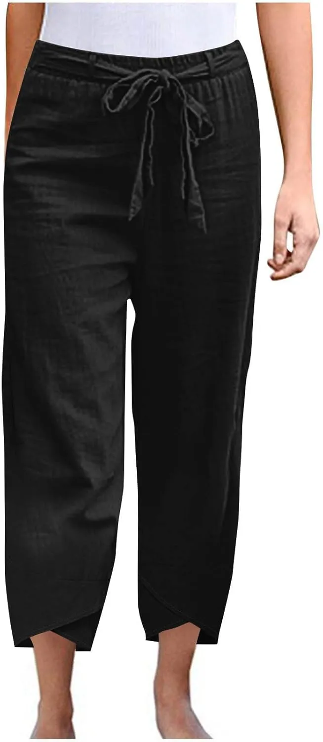Linen Pants Women Vacation Boho Pants Drawstring Waist Linen Pants Summer Loose Fit Capri Pants Solid Trendy Trousers