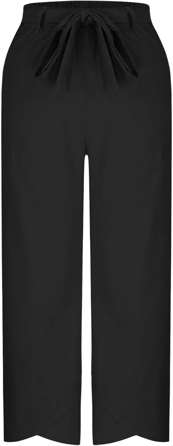 Linen Pants Women Vacation Boho Pants Drawstring Waist Linen Pants Summer Loose Fit Capri Pants Solid Trendy Trousers