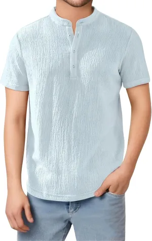 Linen Shirts for Men Vintage Summer V Neck Short Sleeve Henley Shirt Breathable Button Up Band Collar Beach Tee Tops