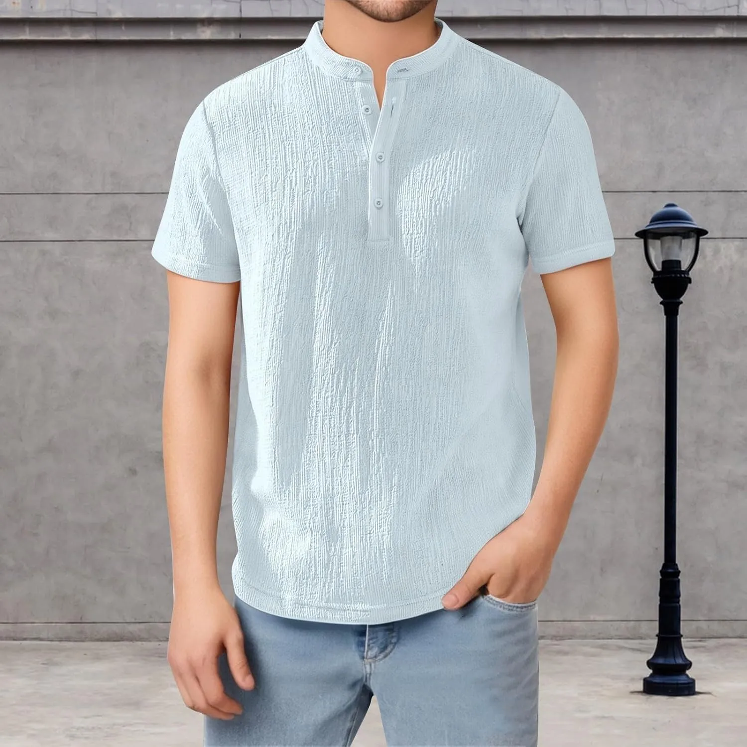 Linen Shirts for Men Vintage Summer V Neck Short Sleeve Henley Shirt Breathable Button Up Band Collar Beach Tee Tops