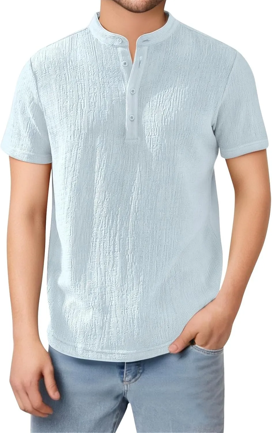 Linen Shirts for Men Vintage Summer V Neck Short Sleeve Henley Shirt Breathable Button Up Band Collar Beach Tee Tops