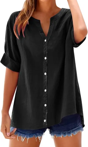 Linen Shirts for Women 2025 Summer Tops Casual Ruffle Short Sleeve V Neck Button Down Loose Fit Tops Shirt