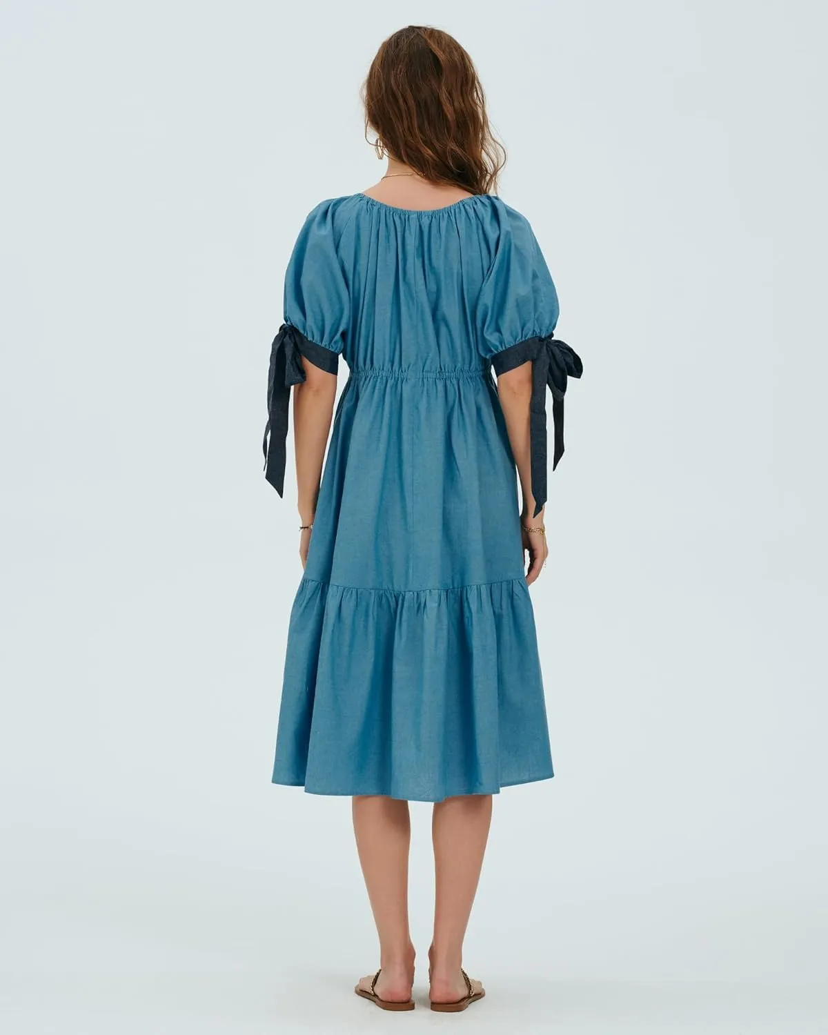 Locachy Womens Summer Short Sleeve Denim Cotton Maxi Dress Casual Flowy Tiered Boho Beach Dresses