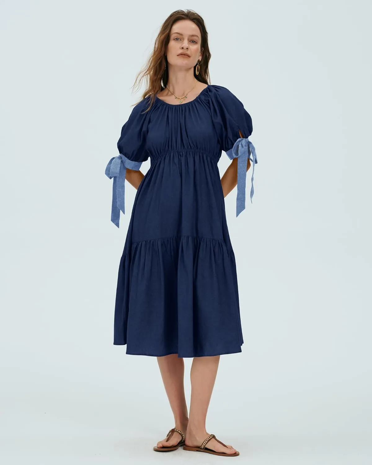Locachy Womens Summer Short Sleeve Denim Cotton Maxi Dress Casual Flowy Tiered Boho Beach Dresses
