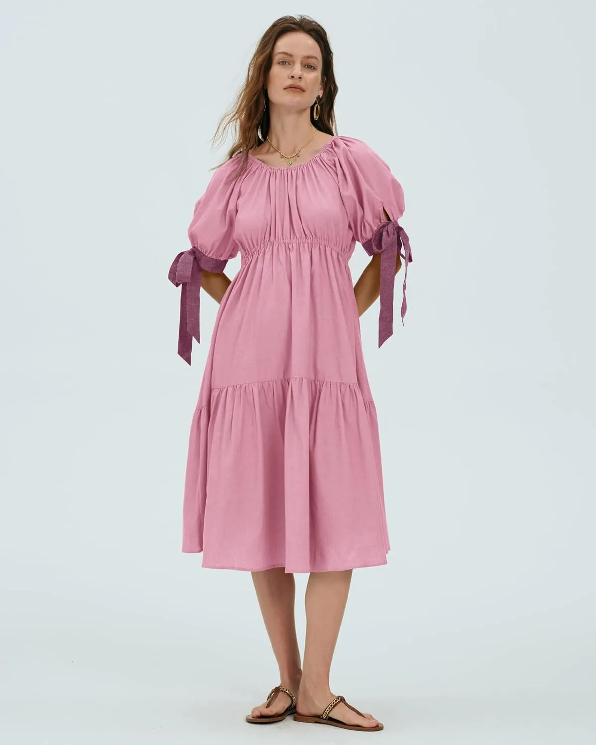 Locachy Womens Summer Short Sleeve Denim Cotton Maxi Dress Casual Flowy Tiered Boho Beach Dresses