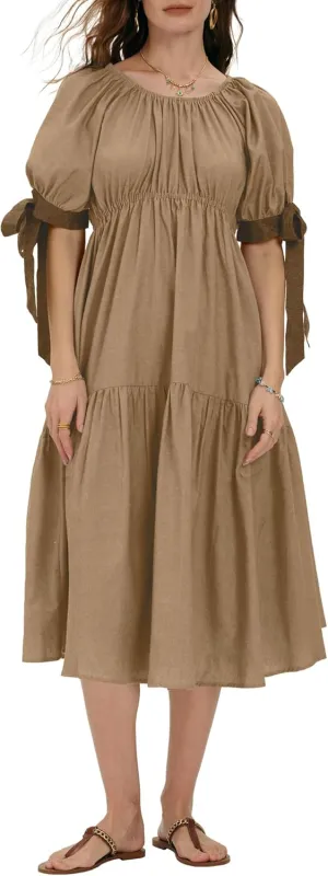 Locachy Womens Summer Short Sleeve Denim Cotton Maxi Dress Casual Flowy Tiered Boho Beach Dresses