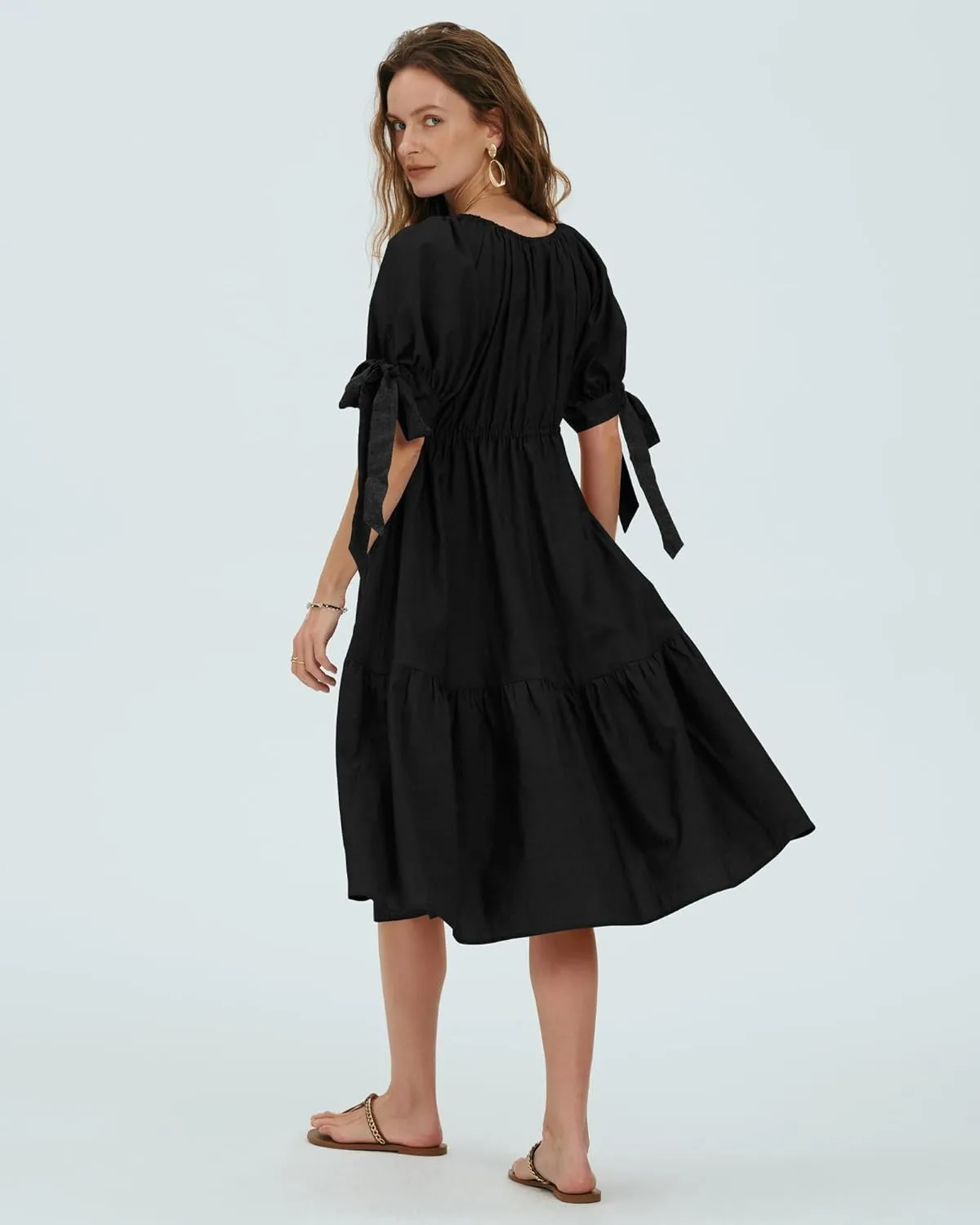 Locachy Womens Summer Short Sleeve Denim Cotton Maxi Dress Casual Flowy Tiered Boho Beach Dresses