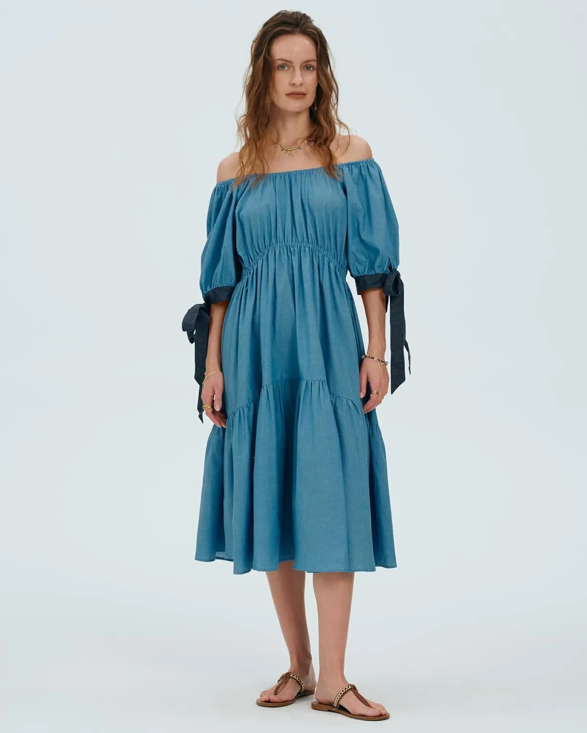 Locachy Womens Summer Short Sleeve Denim Cotton Maxi Dress Casual Flowy Tiered Boho Beach Dresses