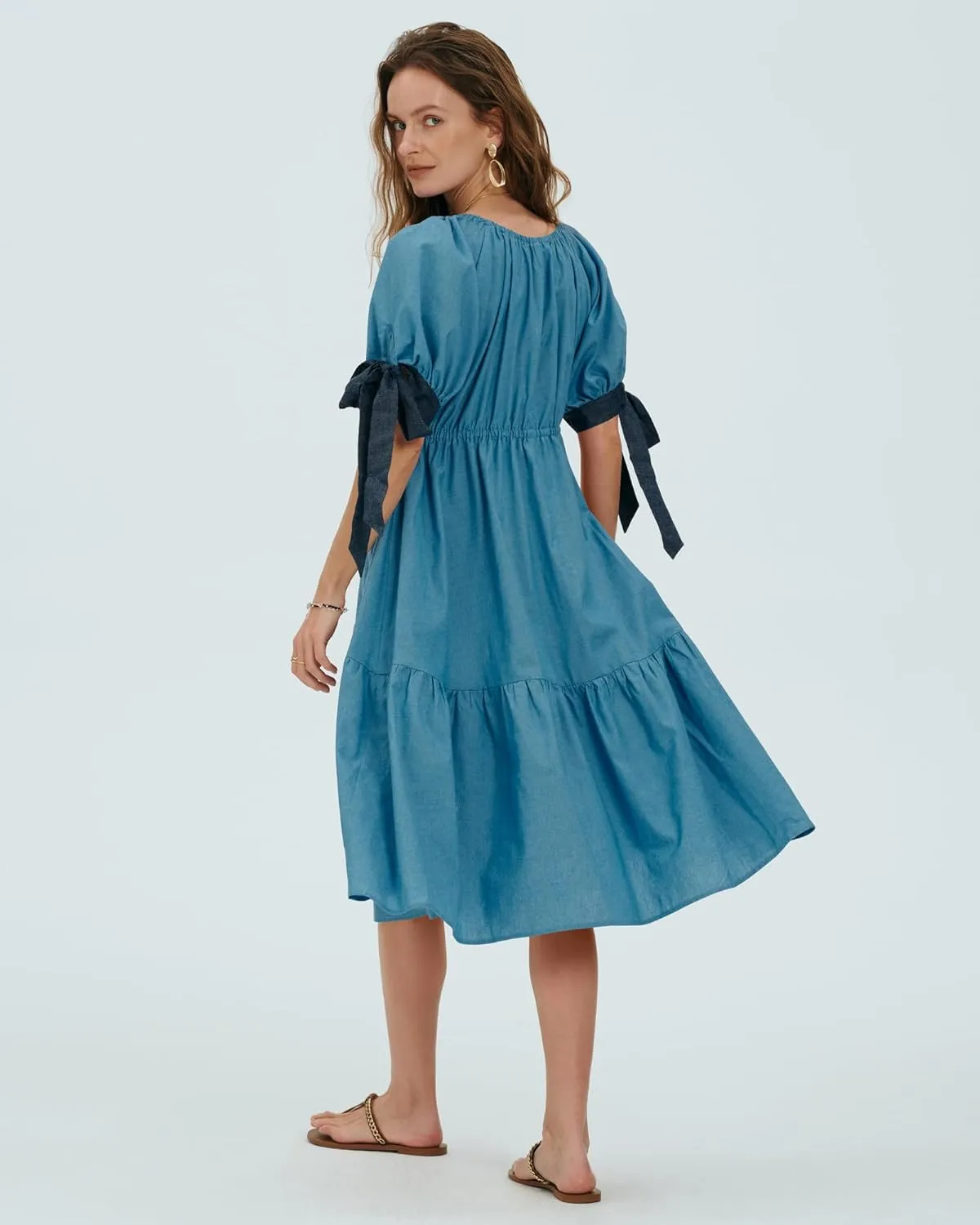 Locachy Womens Summer Short Sleeve Denim Cotton Maxi Dress Casual Flowy Tiered Boho Beach Dresses